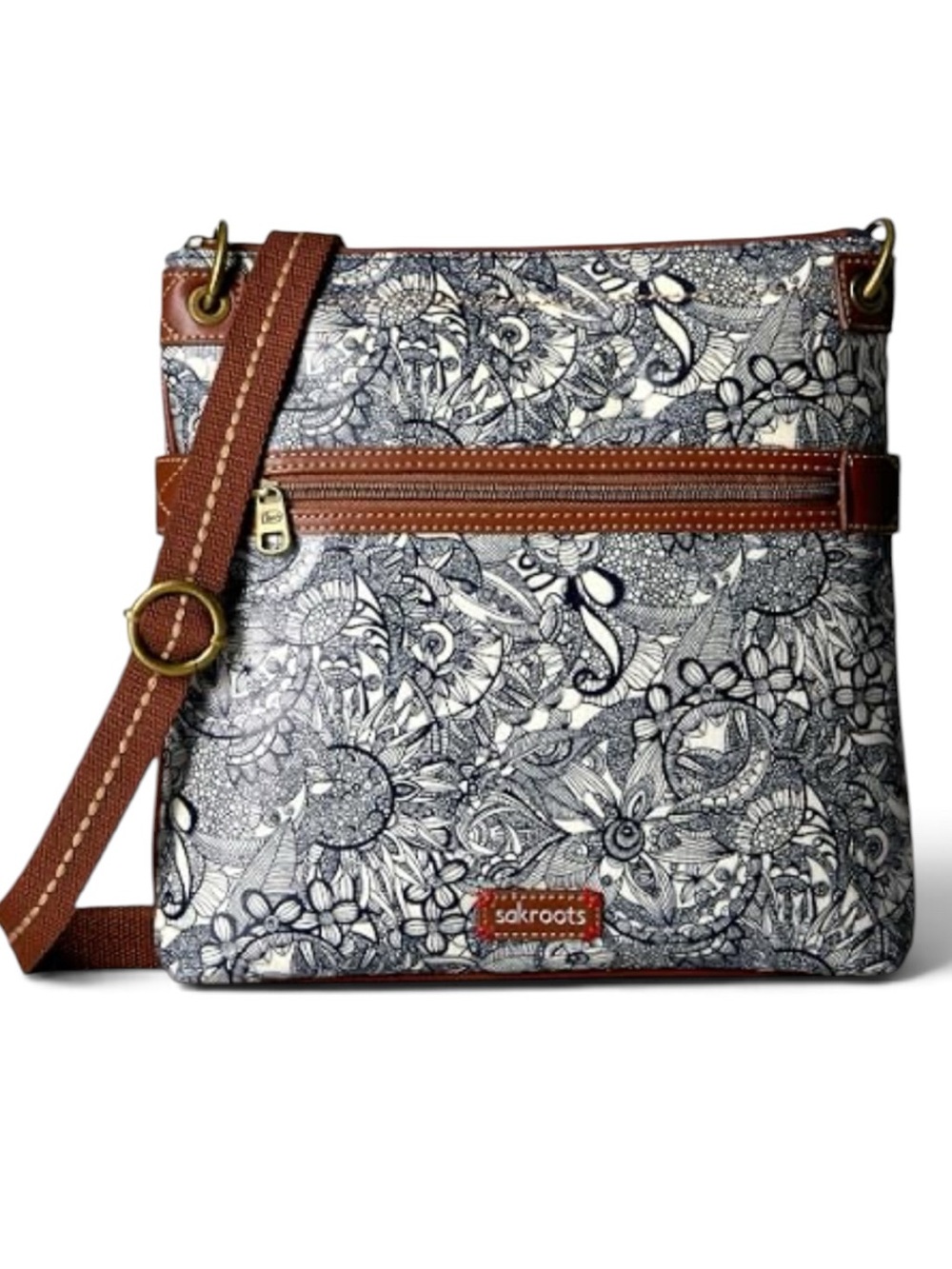EUC Sakroots Artists Circle Blue & White Floral Crossbody With Brown Trim